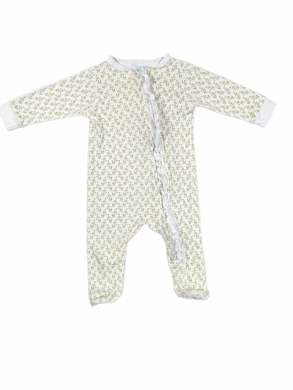 FEATHER BABY Ruffled Zipper Footie with Yellow and Green Floral Print - 3-6M